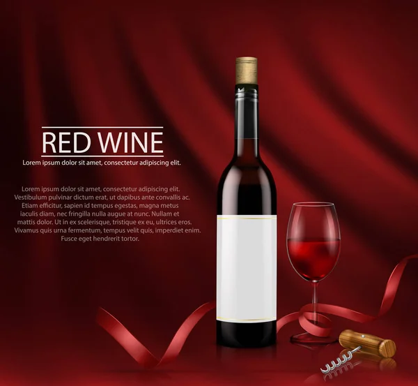 Gerçekçi vektör çizim. cam şarap bottl ve kırmızı şarap ile cam poster — Stok Vektör