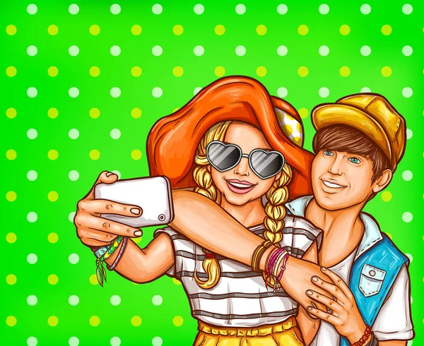 Vektor pop art illusztrációja egy fiatal lány és egy fiú, hogy selfies egy okostelefon. — Stock Vector