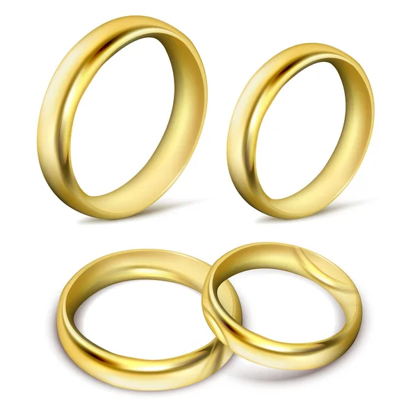 Conjunto de ilustraciones vectoriales realistas de anillos de boda de oro con sombra — Vector de stock