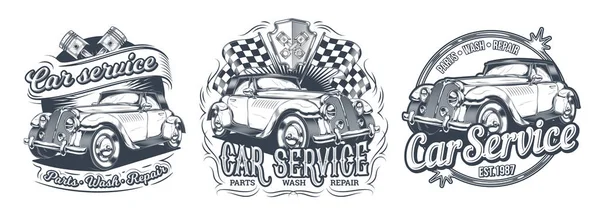 Set de insignias vectoriales vintage, pegatinas, señalización para servicio de coche, lavado, almacén de piezas con coche retro — Vector de stock