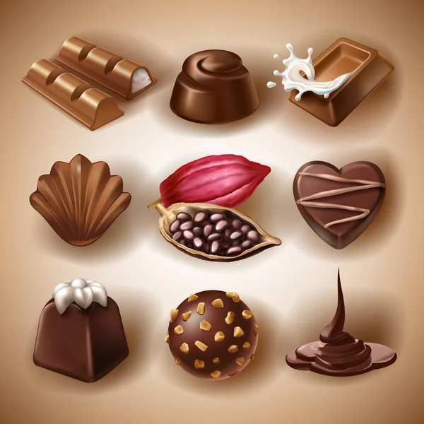 一组矢量图标的巧克力甜点和糖果，液体的巧克力和可可豆 — 图库矢量图片