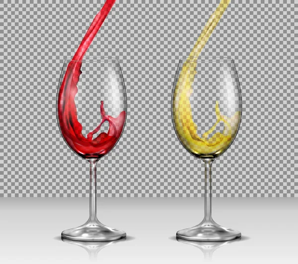 Vektör çizimler beyaz ve kırmızı şarap onları dökme ile şeffaf cam şarap gözlük seti — Stok Vektör