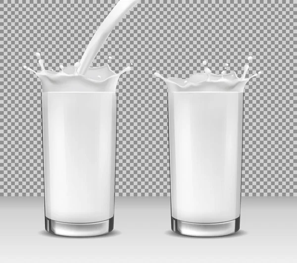 Conjunto de vasos vectoriales con leche fluida y un chorrito de leche, productos lácteos, yogur, kéfir, cóctel de proteínas . — Archivo Imágenes Vectoriales