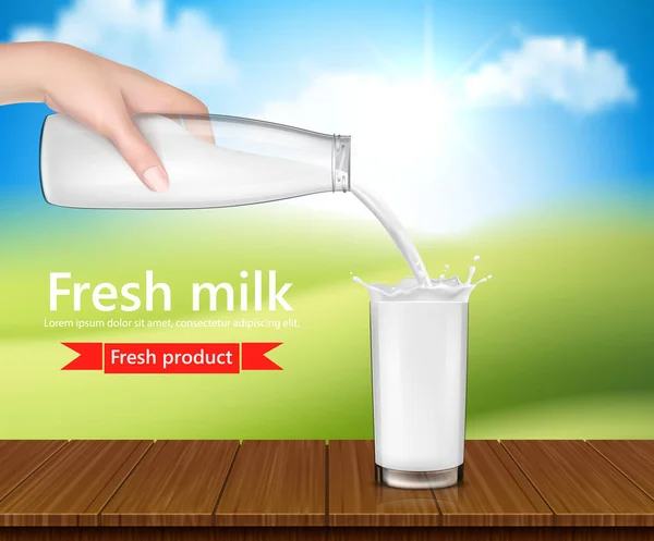 Ilustração realista vetorial, fundo com a mão segurando uma garrafa de vidro de leite e derramando leite —  Vetores de Stock
