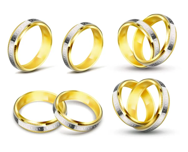 Set of realistic vector illustrations of gold wedding rings with engraving — Stock Vector