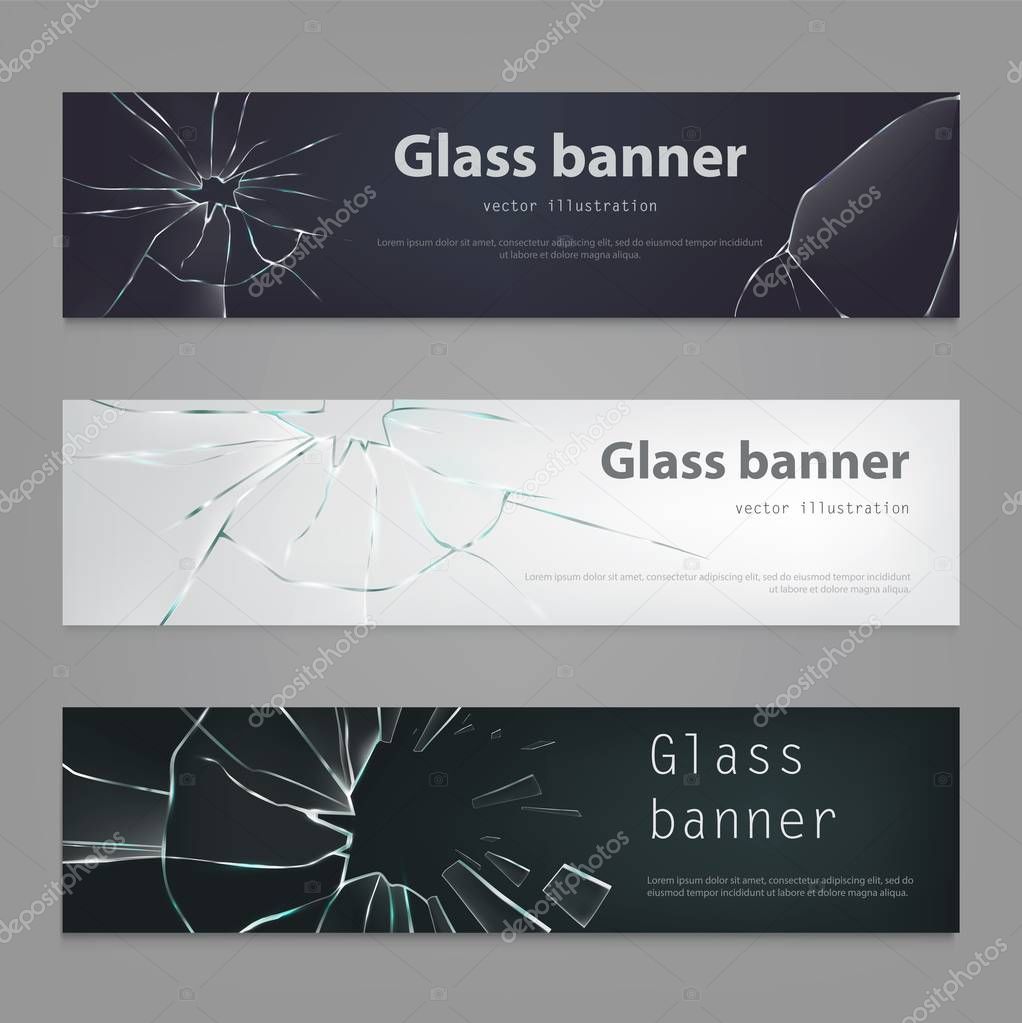 Set of vector illustrations of broken glass banners ,cracked glass.
