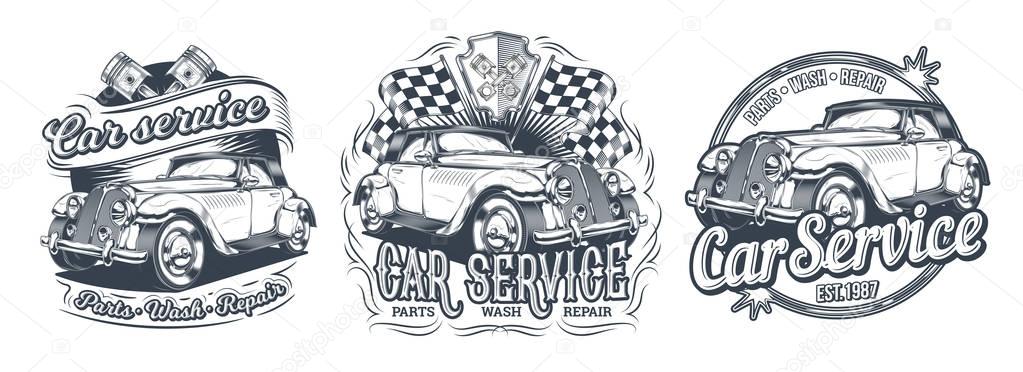 Set of vector vintage badges, stickers, signage for car service, wash, store of parts with retro car