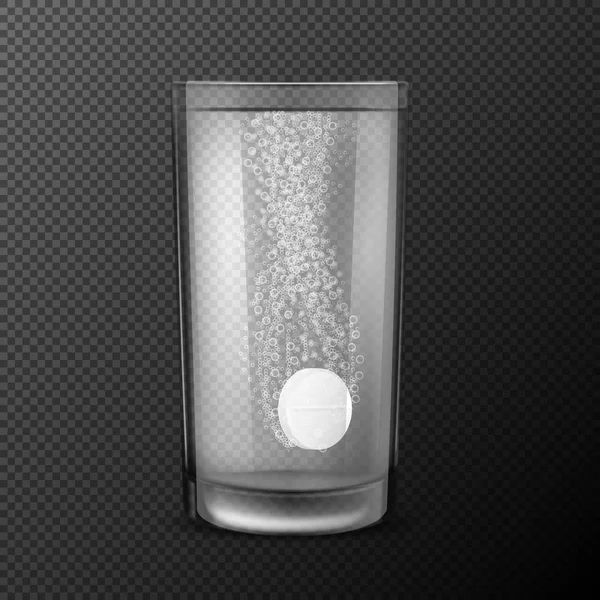 Ilustración vectorial de tabletas efervescentes, píldoras solubles que caen en un vaso con agua con burbujas gaseosas aisladas sobre un fondo negro . — Vector de stock