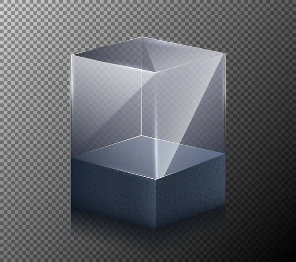 Vektorillustration av en realistisk, transparent, glaskub isolerad på en grå bakgrund. — Stock vektor
