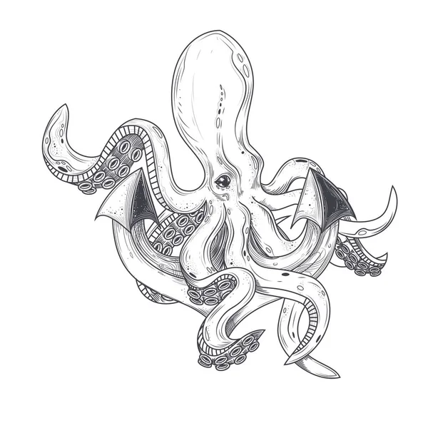 Vektorillustration av en bläckfisk som kramas tentakler av ett fartyg ankare — Stock vektor