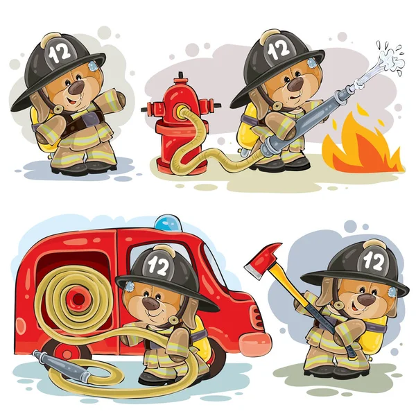 Set van vector clip Kunsten van teddybeer brandweerman — Stockvector