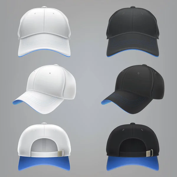 Realistické ilustrace vektorové bílé a černé textilní baseball cap přední, zadní a boční pohled — Stockový vektor