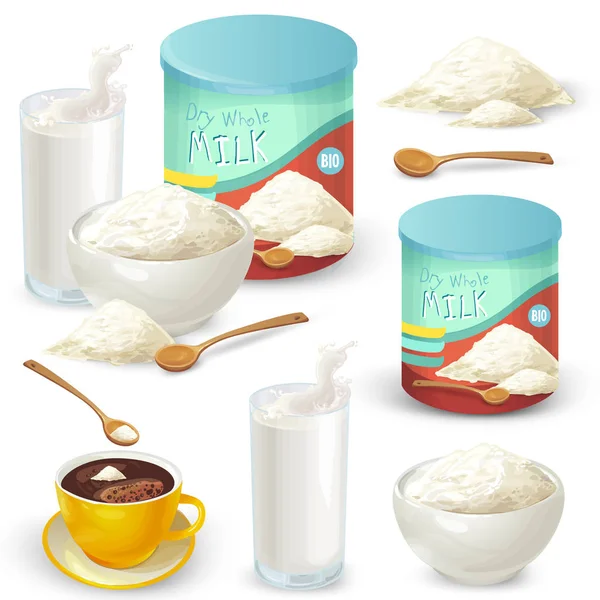 Set of color vector illustrations of whole milk powder. — Stock Vector