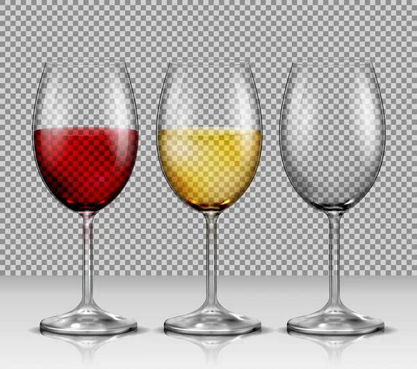 Şeffaf vektör şarap bardağım boş, beyaz ve kırmızı şarap ile ayarla — Stok Vektör
