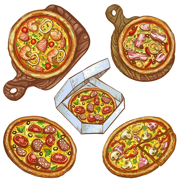 Zestaw wektorowych ilustracji pizzy i plasterek, pizza na płycie, pizza w polu do dostawy. — Wektor stockowy
