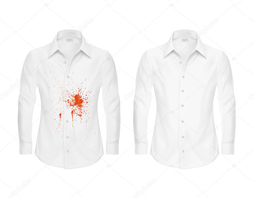 Set of vector illustrations of a white shirt with a red spot and clean, before and after a dry-cleaner s