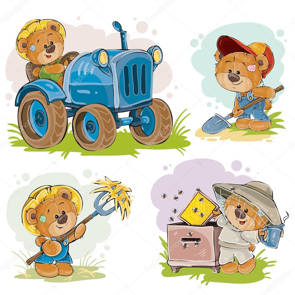 Set of vector illustrations of teddy bears tractor driver, beekeeper, farmer.