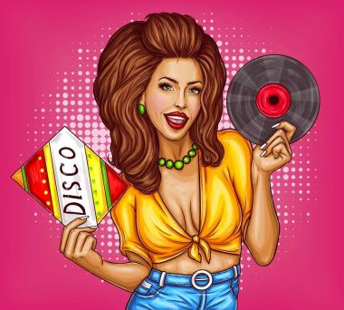 Disko vinil plak pop sanat vektör olan kadın