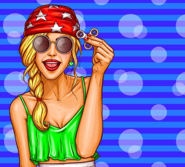 Genç bir kız, topluca spinner ile oynayan genç vektör pop sanat çizim.