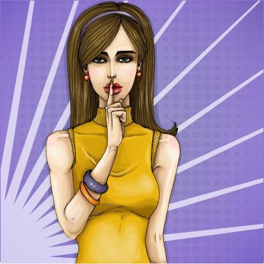 Parmağını dudaklarını üzerinde tutarak ve sessizlik için soran genç bir kız vektör pop sanat çizim