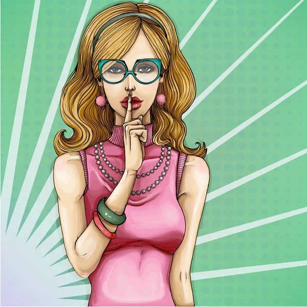 Vector pop art ilustração de uma jovem segurando o dedo em seus lábios e pedindo silêncio — Vetor de Stock
