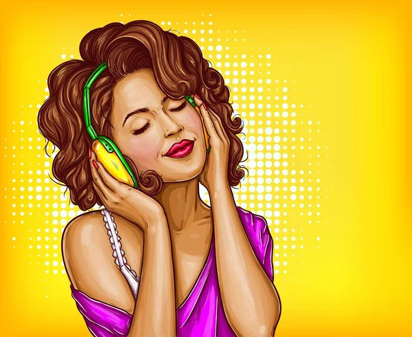 Donna che ascolta musica in cuffie pop art vector — Vettoriale Stock