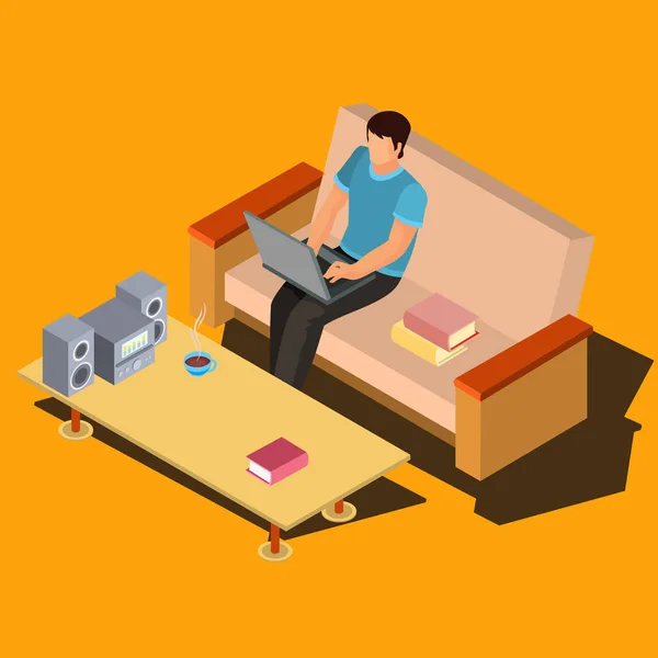 Man using laptop on sofa at home isometric vector — Stock Vector