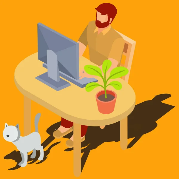 Man working on computer at home isometric vector — Stock Vector