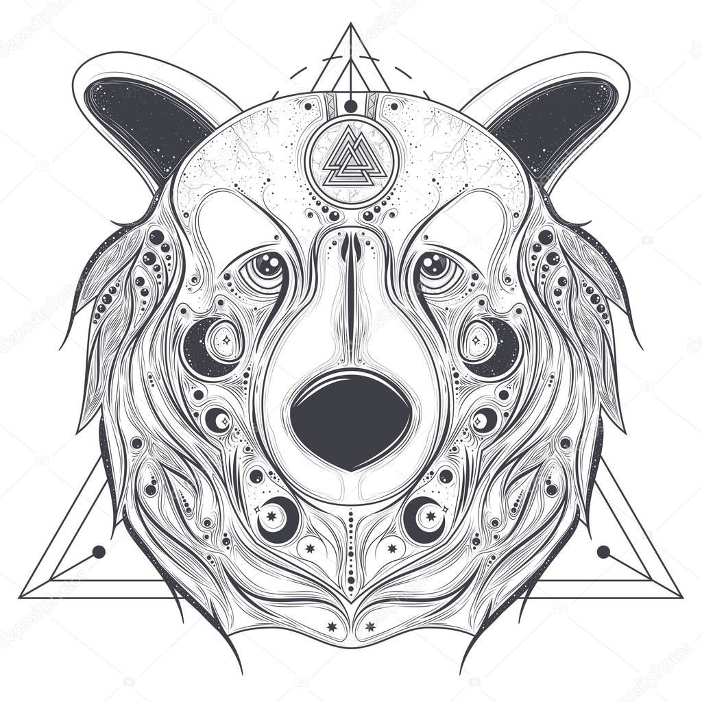 Bear ornamental head with valknut line art vector