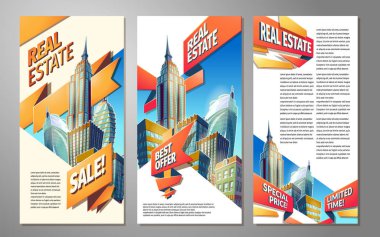 Dizi dikey vektör karikatür çizimler, afiş, şehir manzarası ile kentsel arka planlar