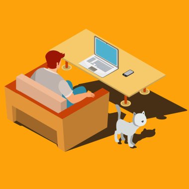 Adam koltukta oturan ve laptop monitör izometrik vektörünü arıyorsunuz