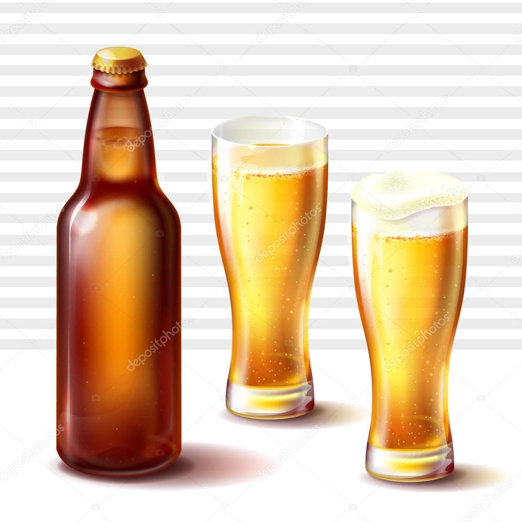 Beer bottle and weizen glasses with beer vector