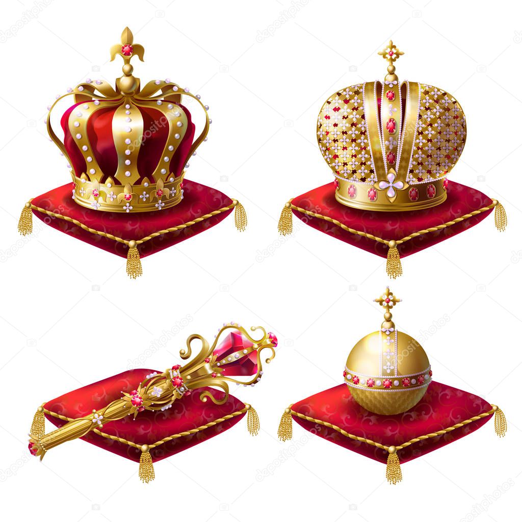 Royal crowns, scepter and orb realistic vector set