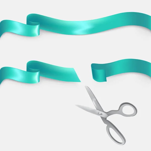 Scissors cutting turquoise ribbon realistic vector — Stock Vector