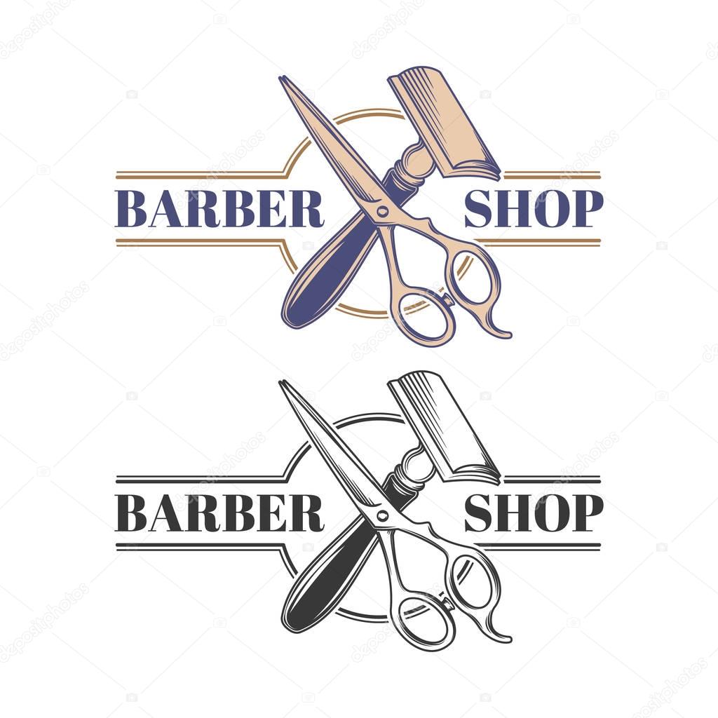 Colored and monochrome hairdressers scisors and safety razor engraved vector isolated on white background. Hairdressing and shaving tool or equipment illustration for barber shop emblem in retro style