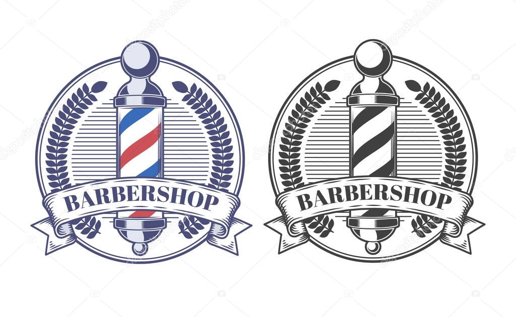 Set of vector illustrations of round colored and black-and-white logos, stickers, labels of barbershop isolated on white background.