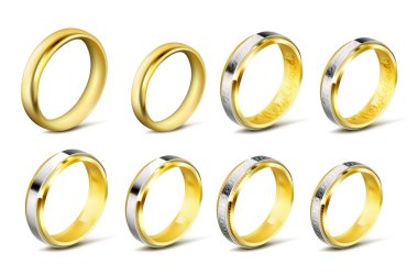 Altın nişan yüzükleri gerçekçi vektör çizimler gümüş, beyaz altın unsurları ile kümesi.