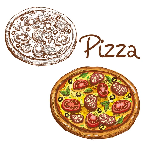 Conjunto de ilustrações vetoriais redondas cor pizza italiana e preto e branco . —  Vetores de Stock