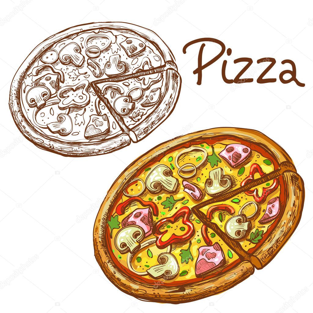 A set of vector illustrations of round Italian pizza whole and slice.
