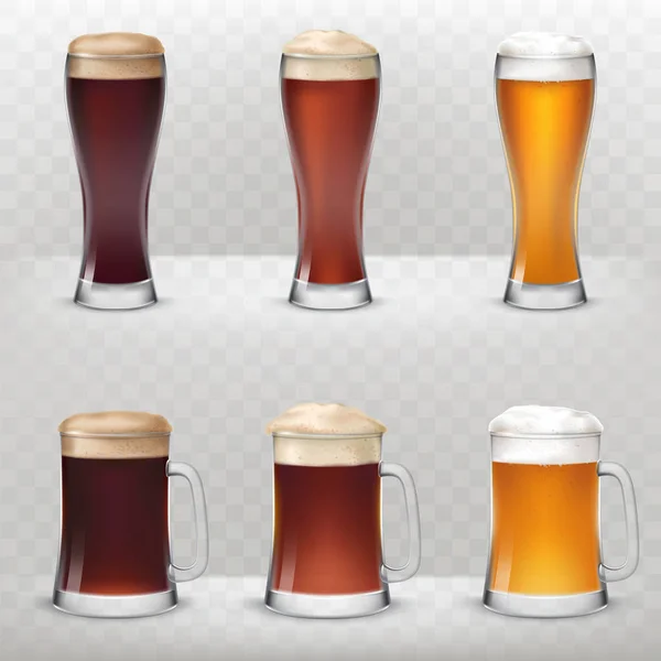 A set of vector illustrations in a realistic style of mugs and tall glasses of different kinds of beer. — Stock Vector