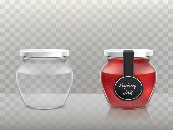 一组矢量插图的玻璃想罐是空和覆盆子果酱满一个盖子和一个黑色的标签 — 图库矢量图片