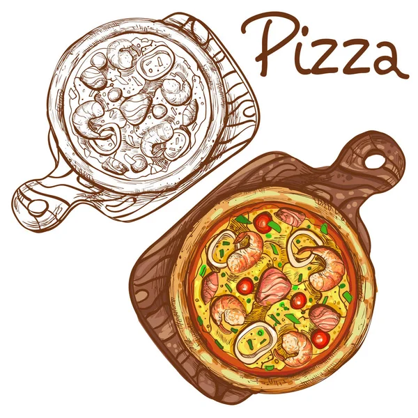 Conjunto de ilustraciones a color vectorial y pizza entera en blanco y negro con mariscos en una tabla de madera . — Vector de stock