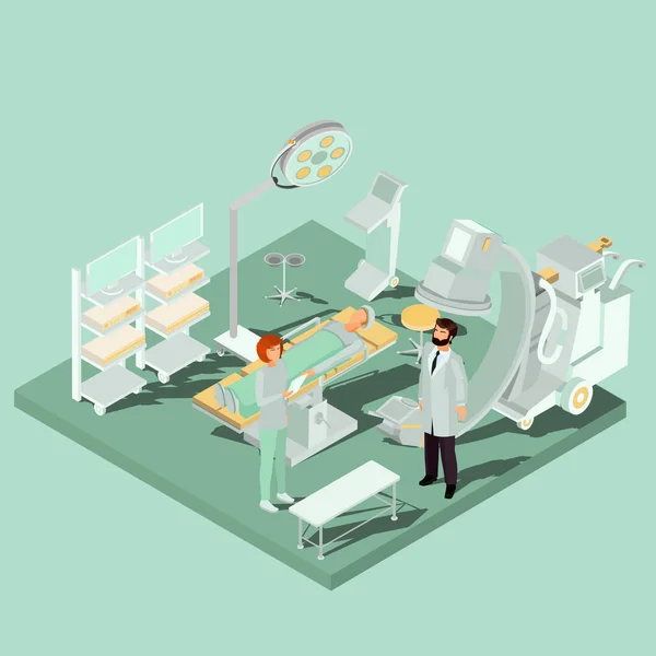 Векторний ізометричний інтер'єр операційної кімнати з операційним столом, медичним та освітлювальним обладнанням — стоковий вектор