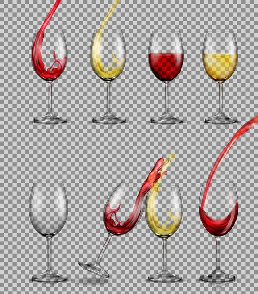 Set ilusi vektor gelas transparan dengan anggur merah dan putih . - Stok Vektor