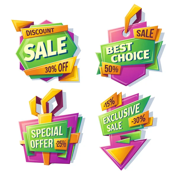 Cartoon sale banners, badges, stickers, tags — Stock Vector