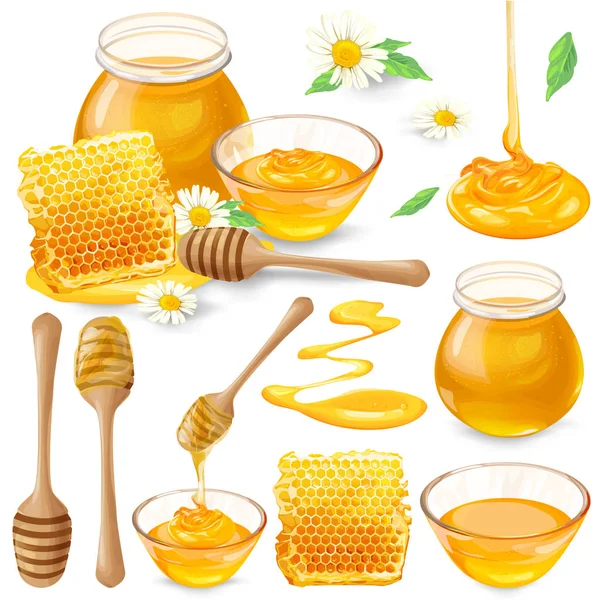 Set of vector illustrations of honey in honeycombs, in a jar, dripping from honey dipper — Stock Vector