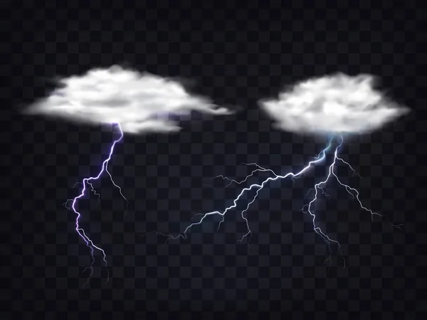 Set van vectorillustraties van transparante witte wolken met bliksem lading. — Stockvector