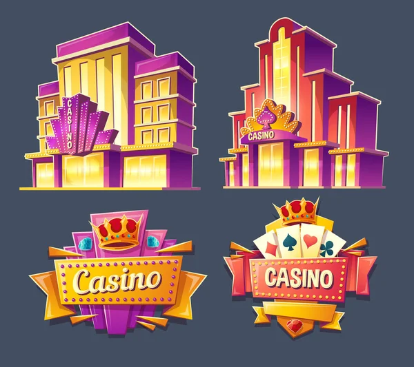 Ícones de edifícios de casino e placas retro — Vetor de Stock