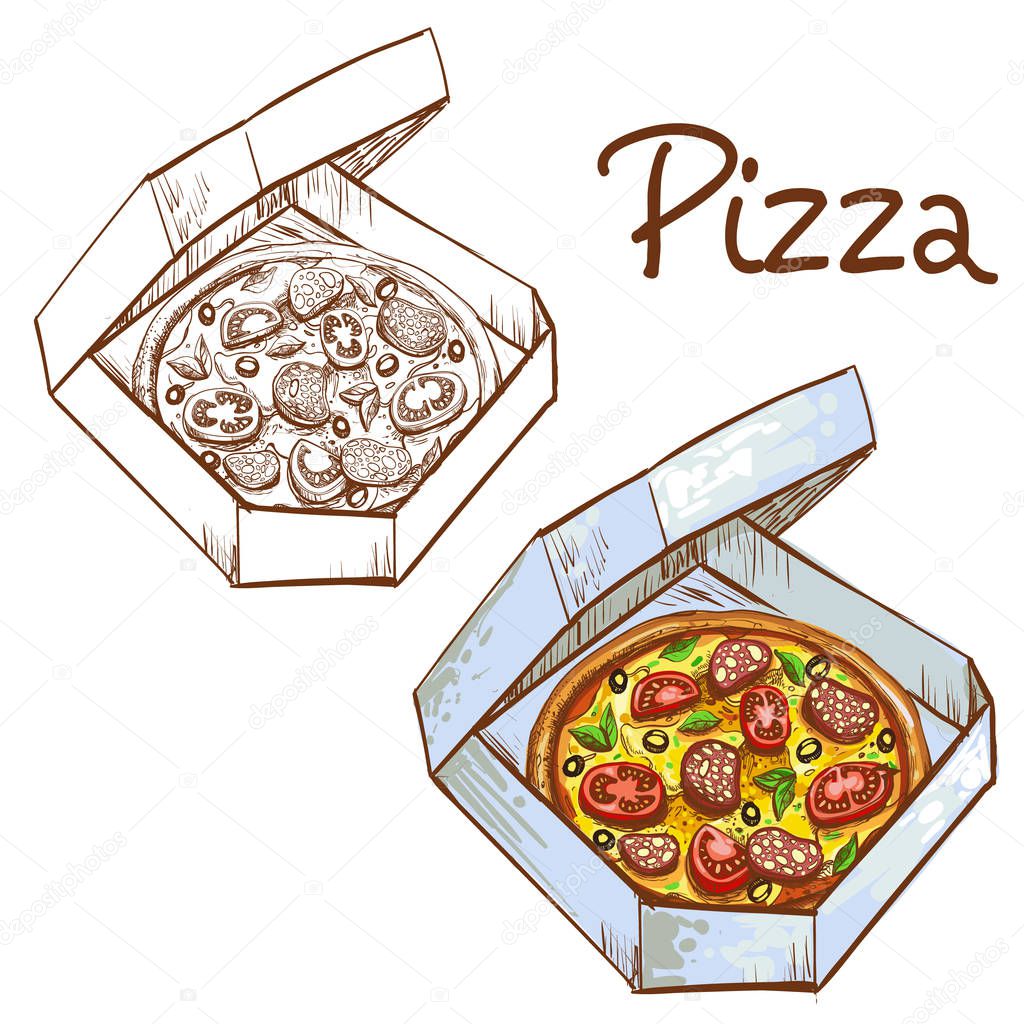Set of vector illustrations of color and black and white whole pizza in a take-away box.
