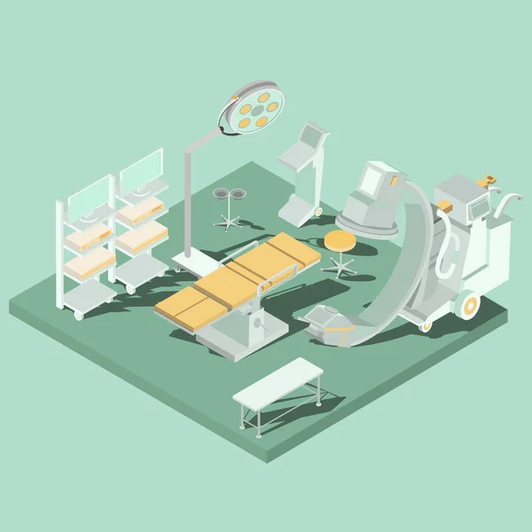 Векторный изометрический интерьер операционного зала с операционным столом, медицинским и осветительным оборудованием — стоковый вектор